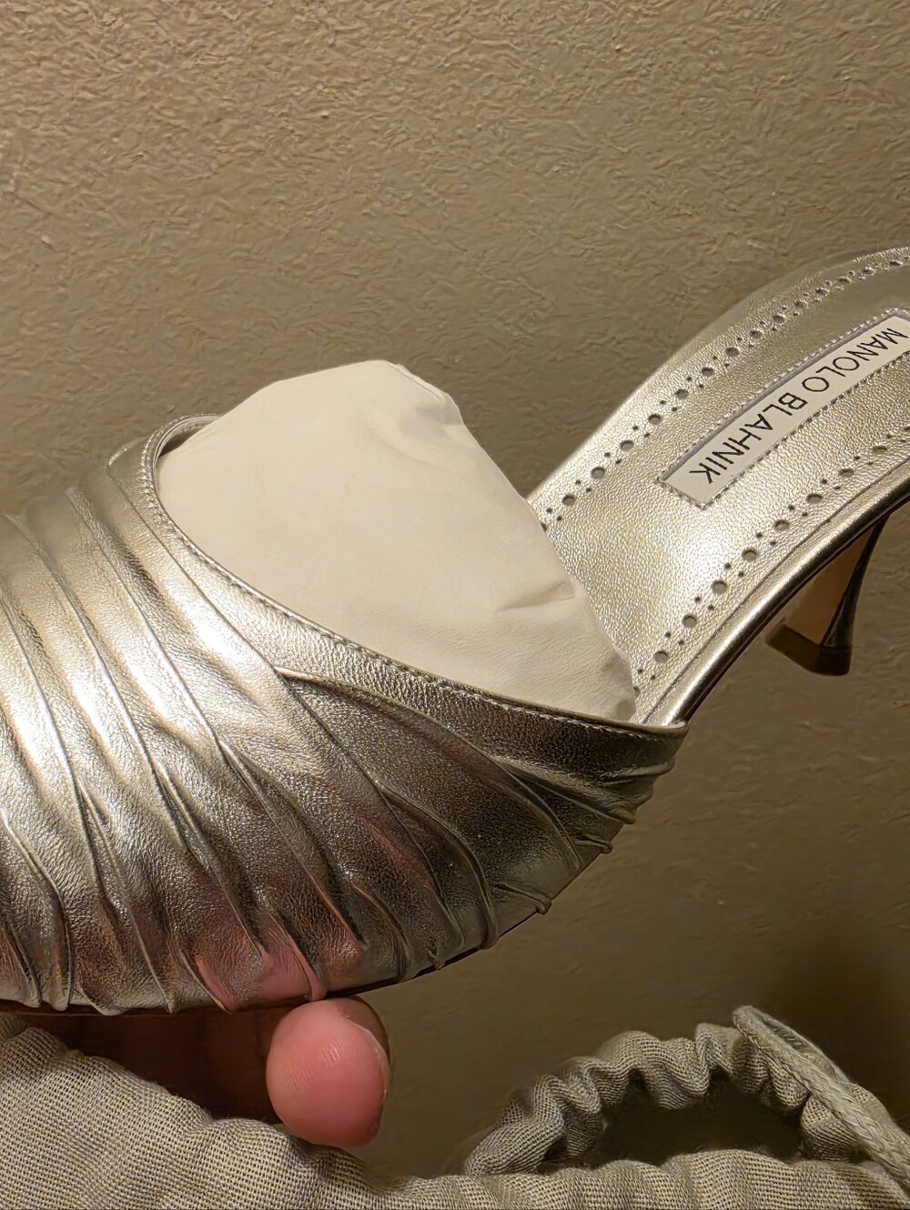 Manolo Blahnik Silver Pleated Leather Mule